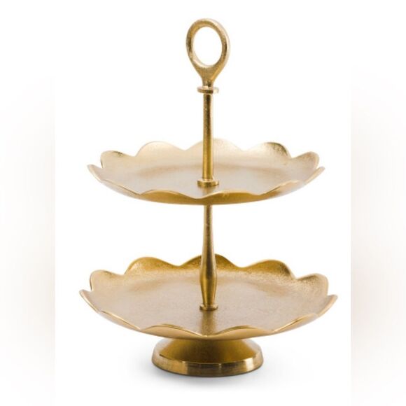 Metal Gold Tone Scalloped Edges Two Tiered Dessert Pastry Cake Cupcake Server - Picture 1 of 3